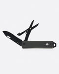 An all black pocket knife with a scissor attachment, shown open from the side.