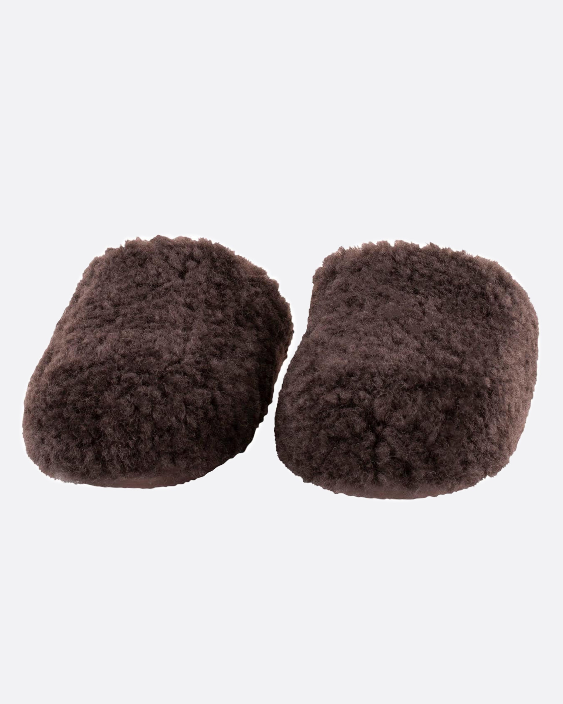 A pair of dark brown sheepskin slippers, shown from the front.