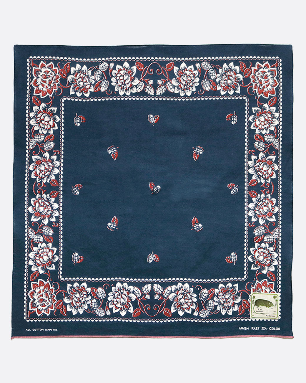 Kapital rockwell flower bandana in navy blue, shown laying flat.