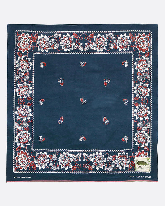 Kapital rockwell flower bandana in navy blue, shown laying flat.