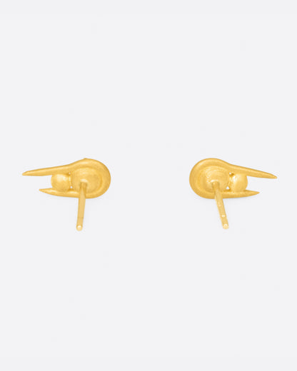 Yellow gold sphere stud earrings, the pair from the side showing the posts