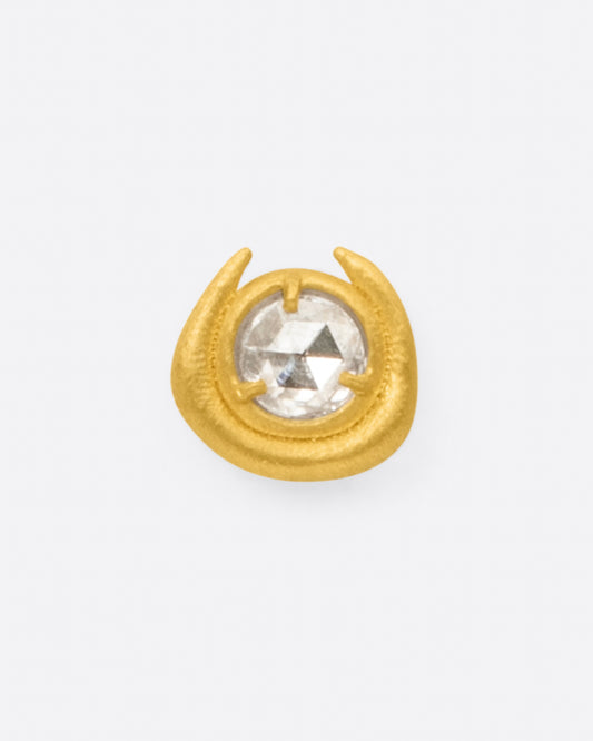A semi-circular high karat gold stud earring with a rose cut diamond at its center, shown from the front.