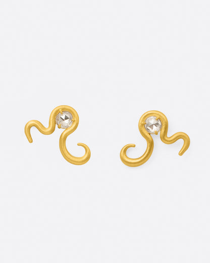 Yellow gold diamond snake stud earrings, the pair from the front