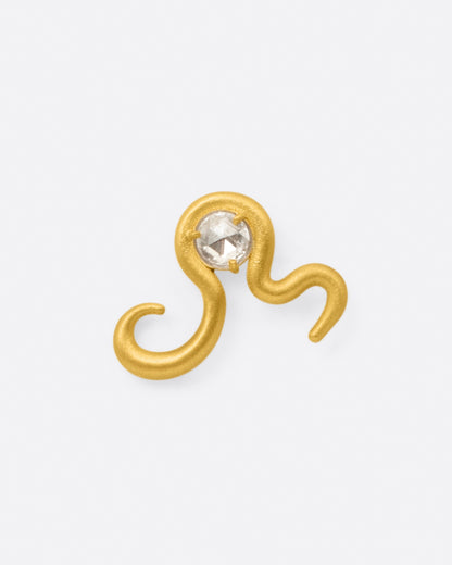 Yellow gold diamond snake stud earrings, front view of one stud