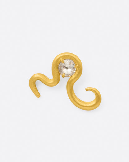 Yellow gold diamond snake stud earrings, front view of the other stud