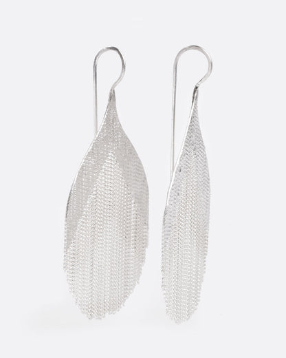 Silver strand teardrop earrings, side view of the pair