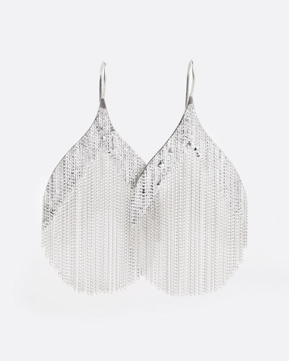 Hannah Keefe Nouveau earrings in silver, large teardrop shapes made of fine silver strands hanging from hooks