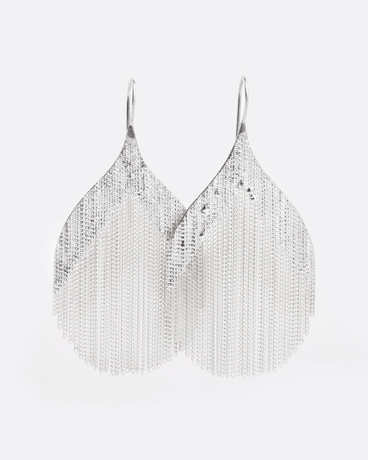 whale tail shaped earrings with a number of dangling chains in the middle