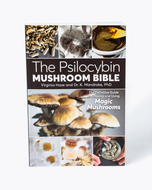 Front cover of The Psilocybin Mushroom Bible book with photos of mushrooms. Shown from the front.