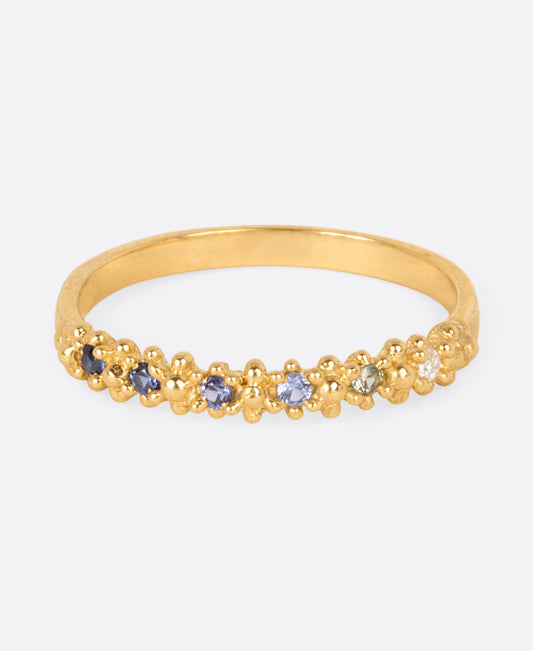 A textured yellow gold band with an ombré queue of six sapphires shown from the front.