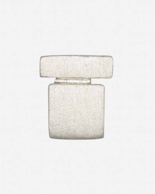 A brushed sterling silver stud earring with two rectangles stacked. Shown from the front.