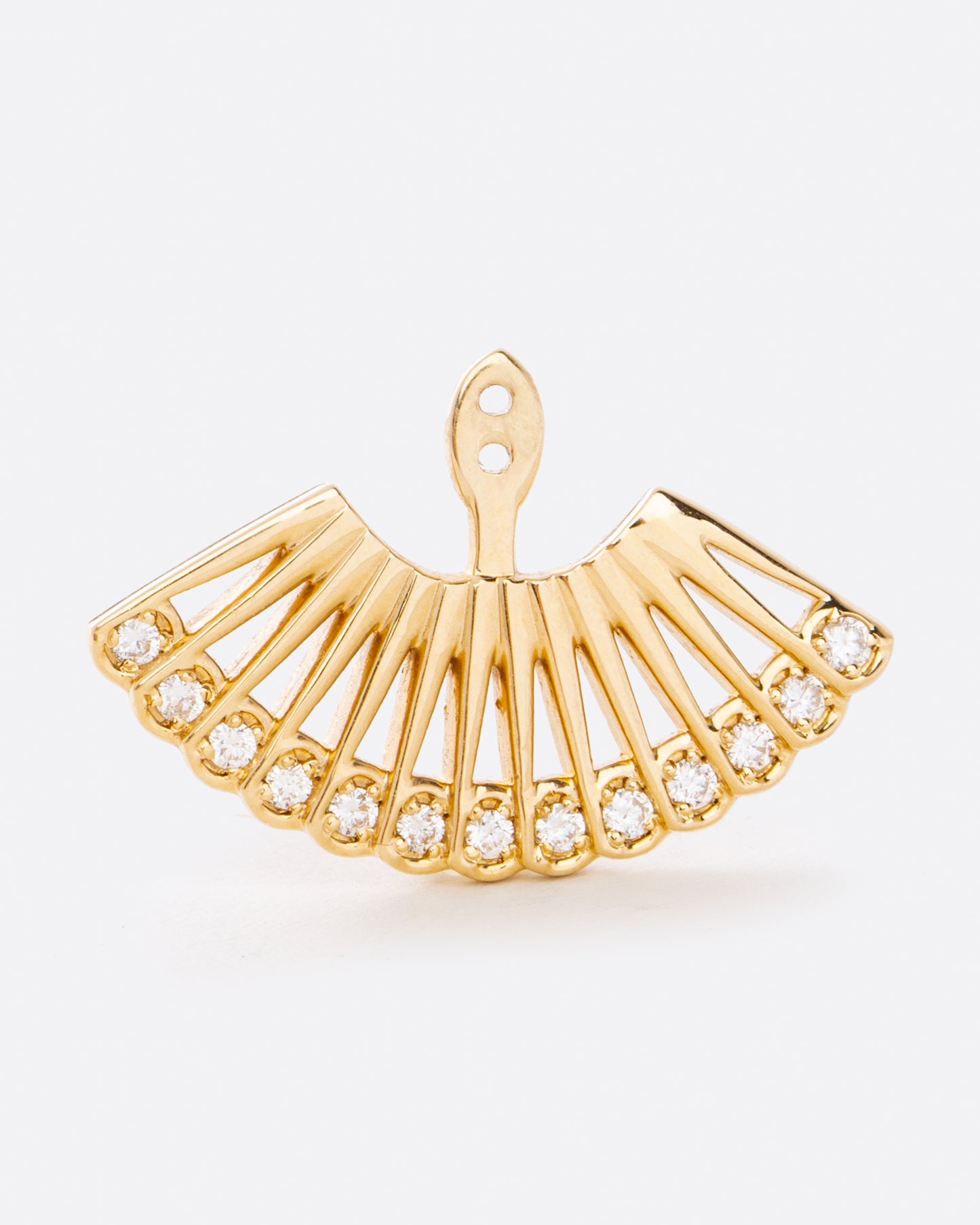 A yellow gold ear jacket shaped like a fan, with two holes at the top center for adjusting where the stud earring attaches. The bottom edge is lined with white diamonds. Shown from the front.