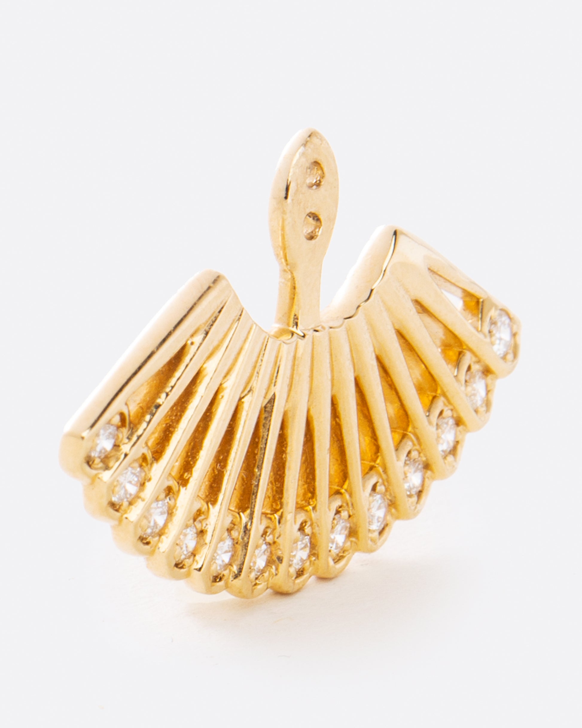 A yellow gold ear jacket shaped like a fan, with two holes at the top center for adjusting where the stud earring attaches. The bottom edge is lined with white diamonds. Shown from the side.