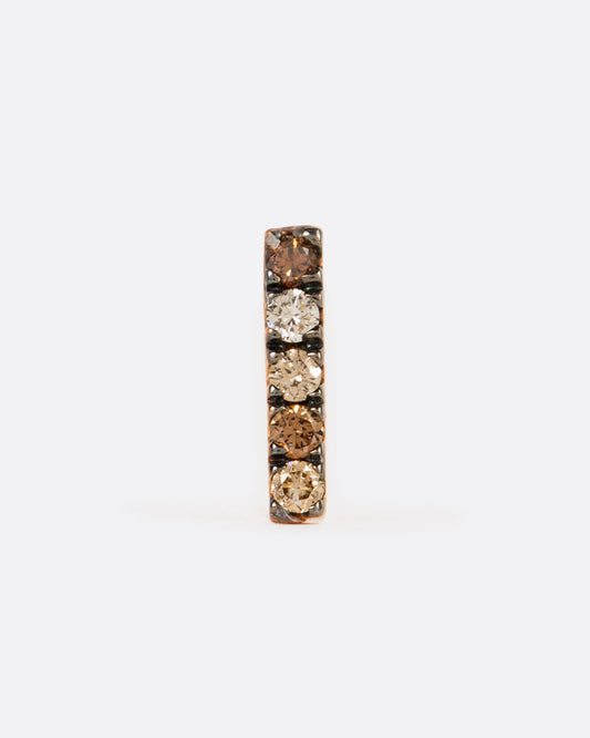 A rose gold bar stud earring with five diamonds in mixed shades of brown. Shown from the front.