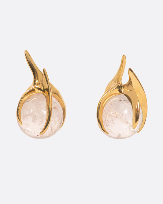 A pair of yellow gold earrings with claw prong settings holding morganite spheres, shown from the front.