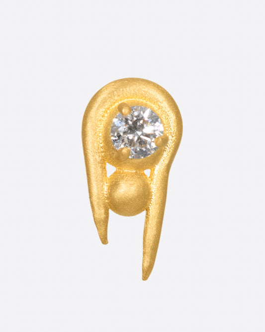 A curved high karat gold earring with a stacked sphere and brilliant cut diamond. Shown from the front.