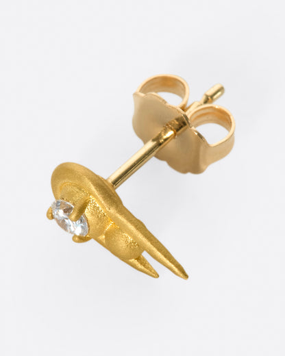 Yellow gold diamond sphere stud earring, side view showing the post