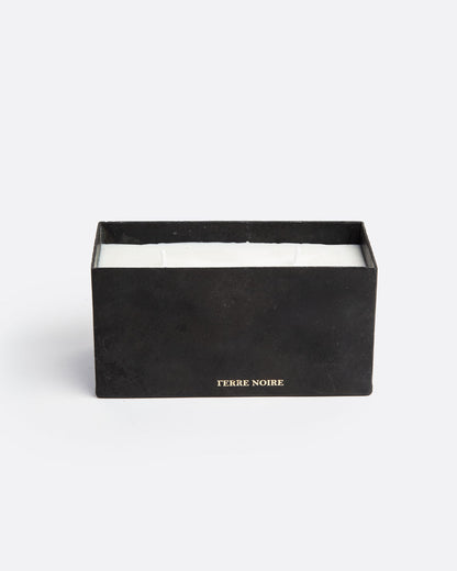 A white block candle with two wicks in a rectangular black container with TERRE NOIRE in gold lettering at the base. Shown from the front.