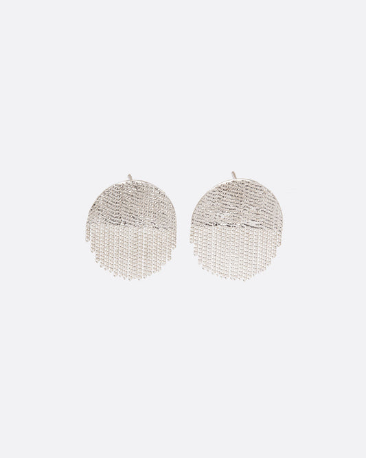 A pair of silver earrings with soldered half circle tops and chain fringe half circle bottoms. Shown from the front.