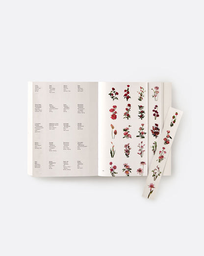 A book open to pages with images of flowers in removable columns with literature about each flower on the back. Shown with the last removable column torn out from the top.
