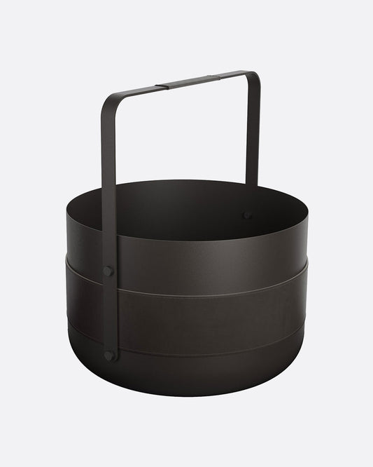 A black powder coated basket with leather on the handle and around the middle. Shown from the side.